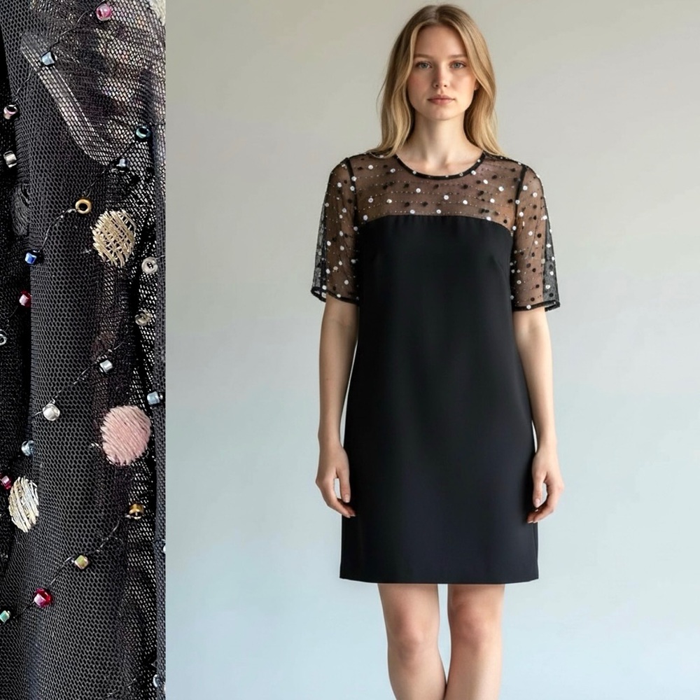 NINA LEONARD Sheath Sheer Mesh Yoke Beaded Multicolor Black Dress Elbow Sleeve